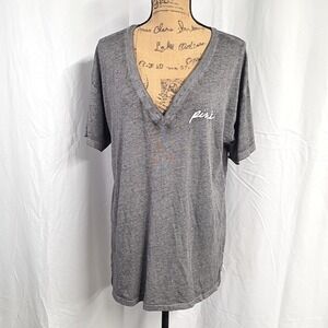 PINK Victorias Secret Womens sz L T Shirt Heathered Gray Short Sleeve V Neck